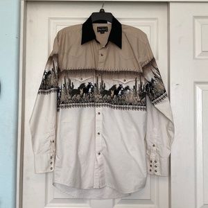 Vintage Western Pearl Snap Button Down with Desert Horse Design